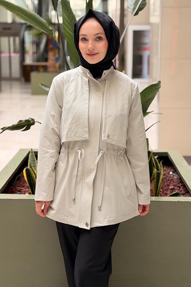 Front-Closed, Gathered Waist, Zippered Trench Coat