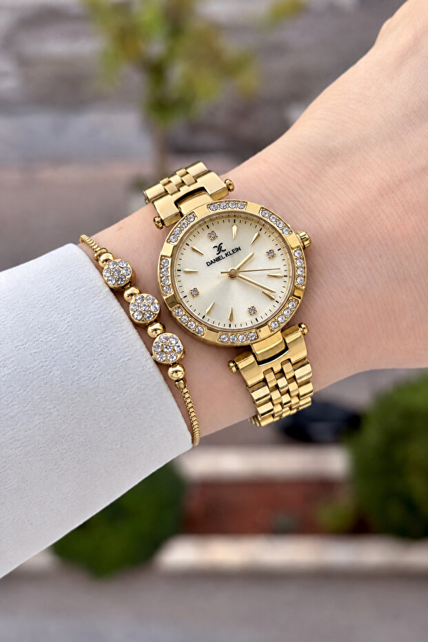 Gold Dial, Gold Color Strap, 30 mm Crystal Glass, Women's Wristwatch Same as in the Image
