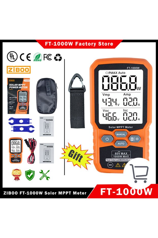 FT-1000W ZIBOO FT-2000W Solar Panel Tester MPPT Meter Open Circuit Voltage & Short Circuit Current,