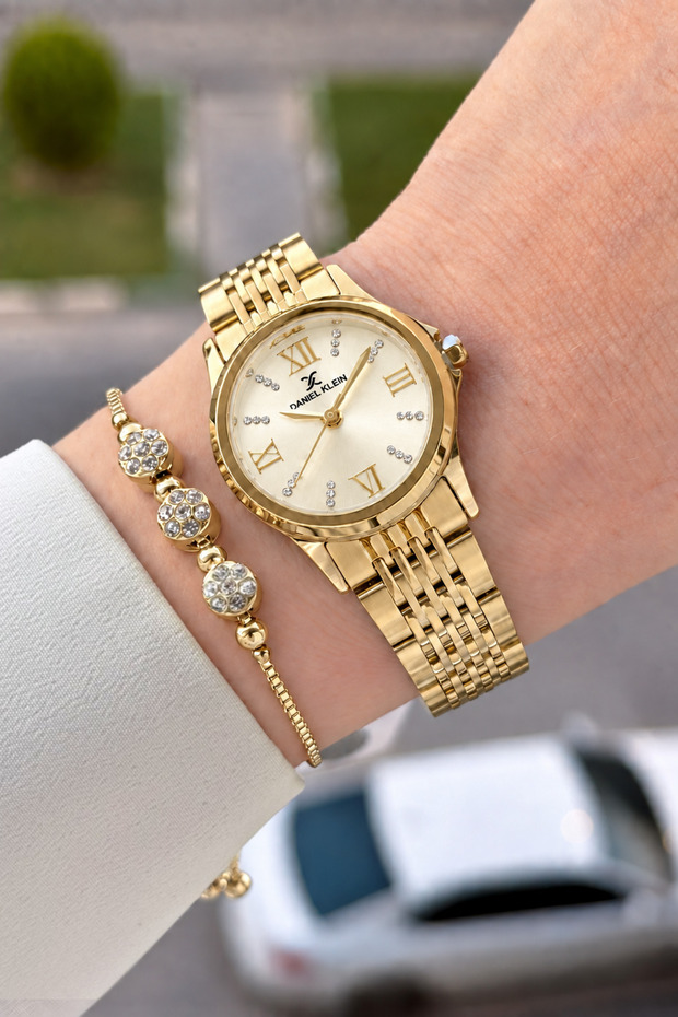 Women's Wristwatch with Yellow Dial and Gold Color 28 mm Strap, Gift Packaged