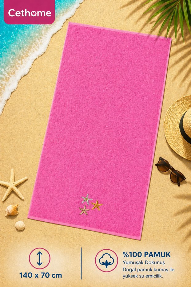 Çethome Pink Star Embroidered Bath Beach Towel