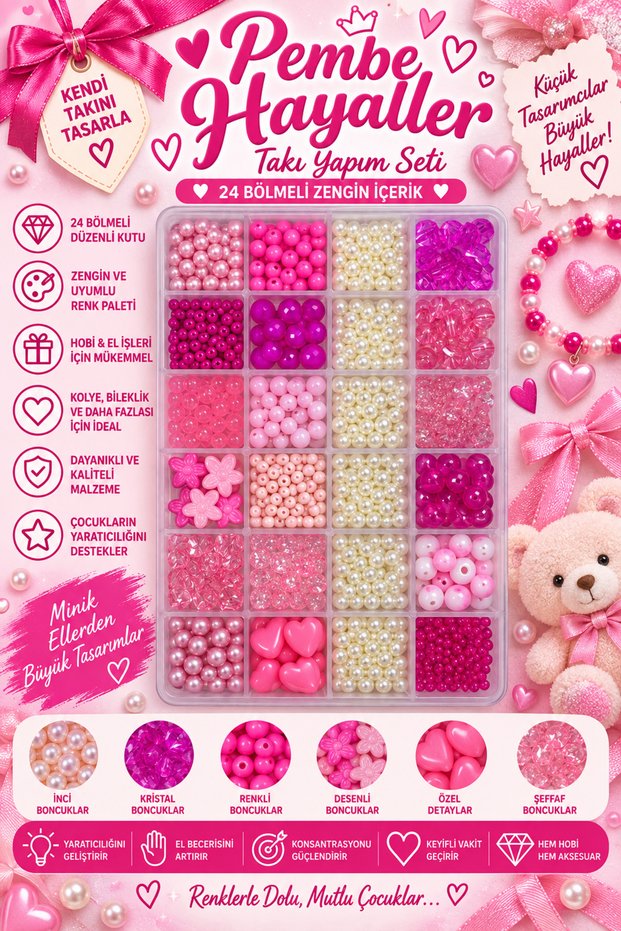 Pearl Bead Jewelry Bracelet Necklace Making Design Set with Pink Beads and Figures for Children