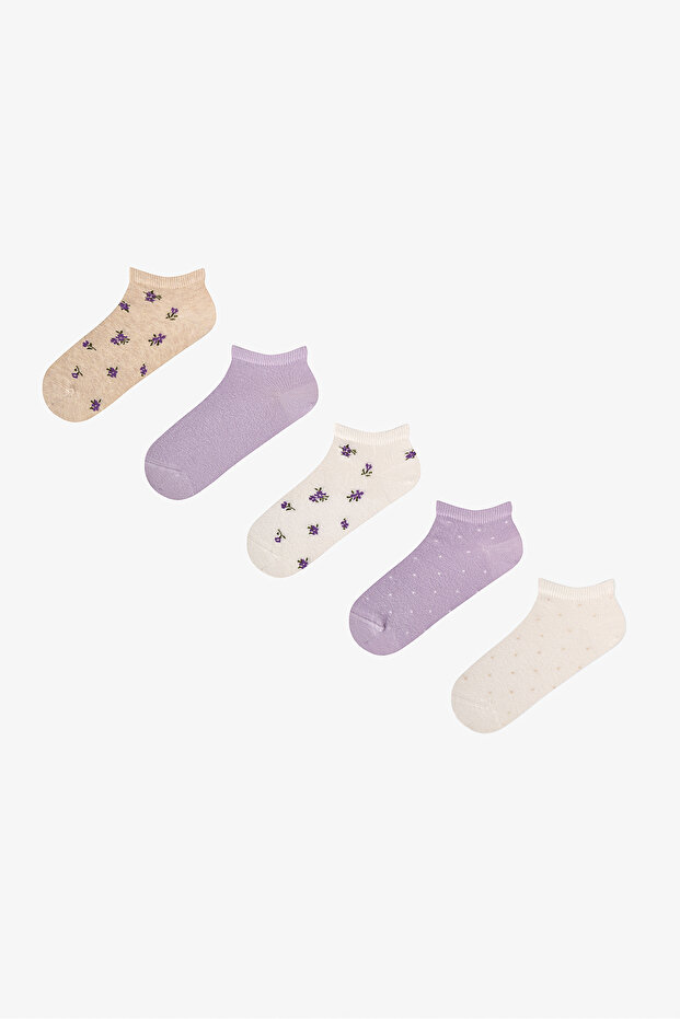 White Lilac Tiny Bloom Crispy Floral Patterned 5 Pairs of Booties Socks