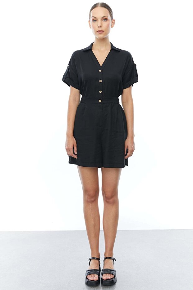 Women's V-Neck Elastic Waist Buttoned Mini Jumpsuit