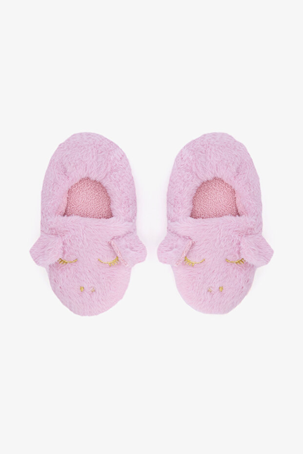 Light Pink Girl's Unicorn Patterned Embroidered Home Shoes
