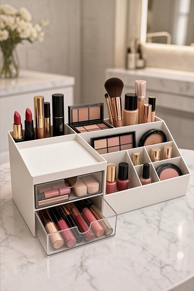 Office Cosmetic Box Lipstick Stand 2 Drawer Makeup Organizer Pen White Organizer Nail Polish Rack