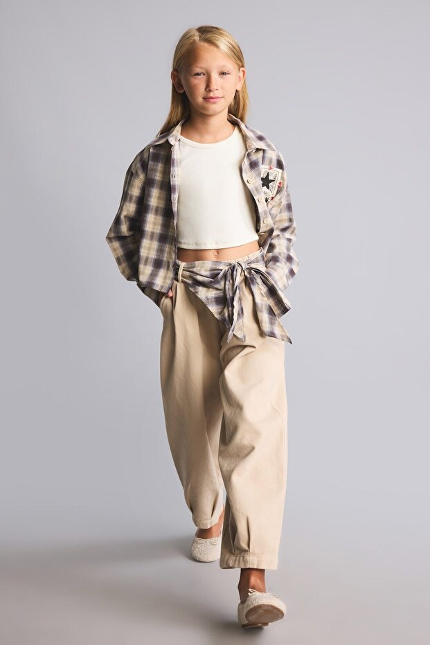 100% Cotton Plaid Belted Barrel Fit Gabardine Trousers for Girls I5832A826Wn