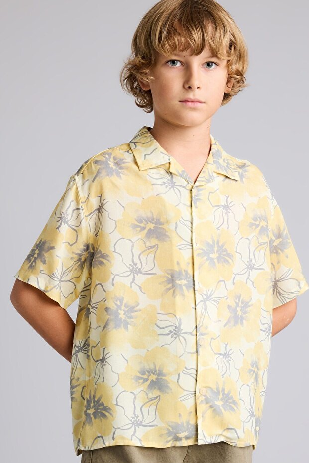 Oversize Wide Fit Polo Collar Patterned Viscose Short Sleeve Shirt Boys F5671A825Hs