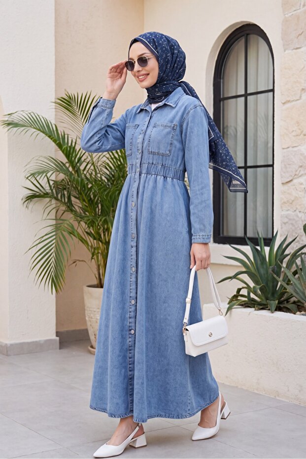 Denim Dress with Elastic Waist and Side Pockets - Ice Blue