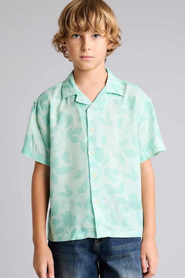Oversize Wide Fit Polo Collar Patterned Viscose Short Sleeve Shirt Boys F5672A825Hs