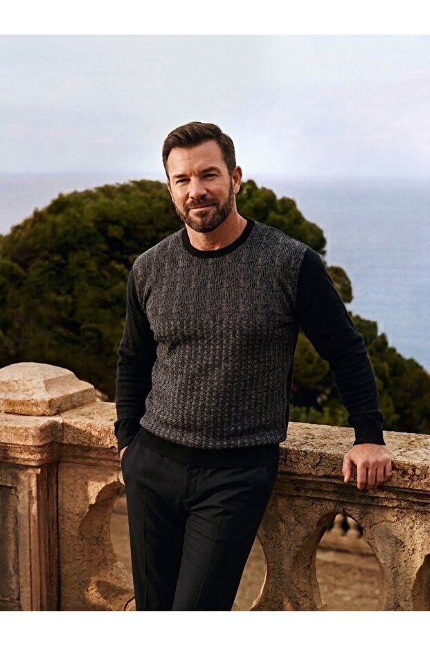 Men's Battal Zero Collar Tricot Sweater with Elastic Waist, Steel Knitting, Classic Fit