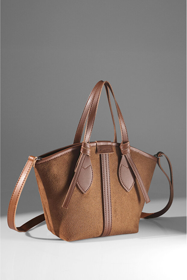 Women's Tan Suede Tan Faux Leather Zippered Lined Hand and Shoulder Bag