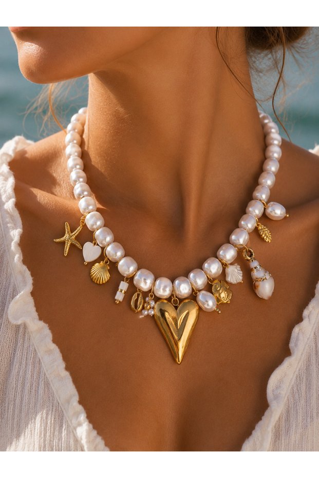 Heart, Sea Icons Charms Pearl Steel Necklace 40+5cm Acr9914