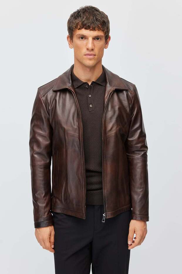 Men's Comfortable Fit Zippered Classic Collar Leather Coat