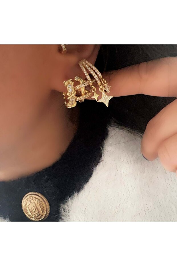 Triple Ring-Spiral Ring-Star Detail Earring Set-Gold Color Acr9468