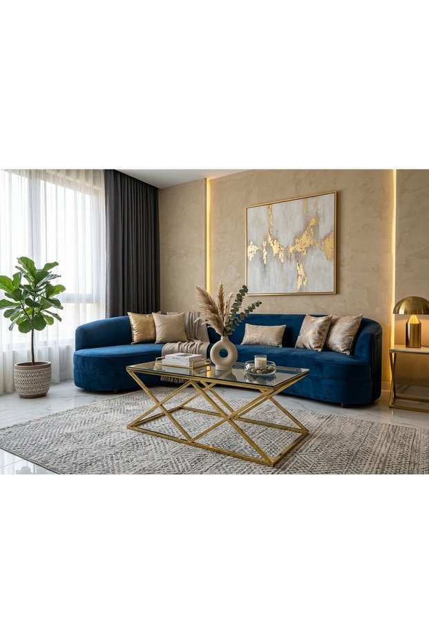 طاولة قهوة مستطيلة مودرن بسطح زجاجي وإطار هندسي فاخر – 120×60 سم