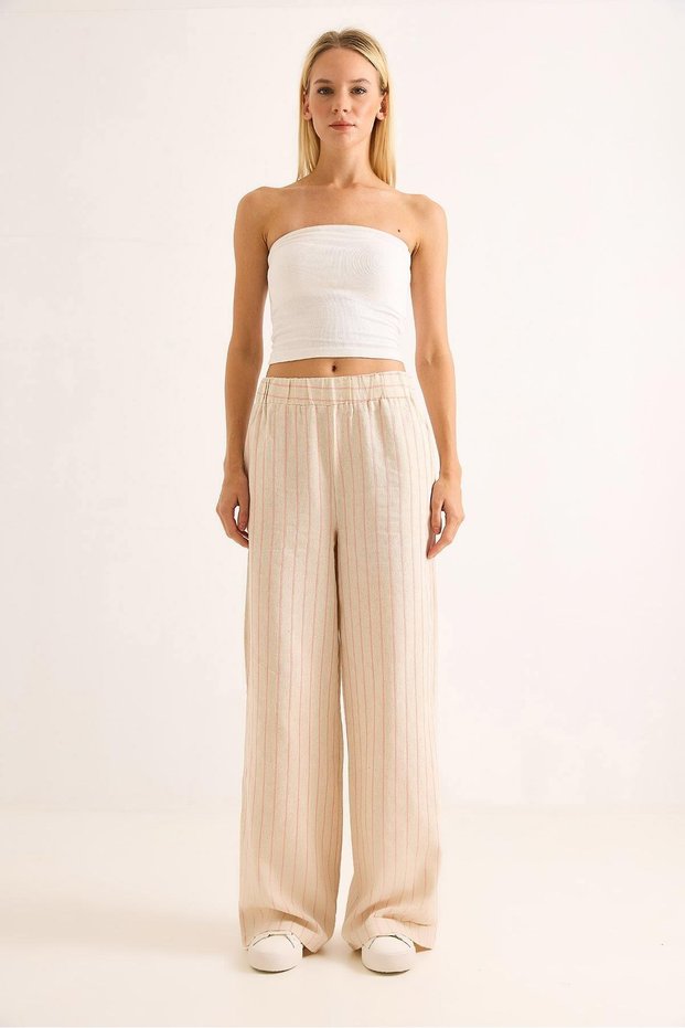 Pink Cotton Fabric Elastic Waist Wide Leg Line Patterned Relaxed Fit Linen Trousers
