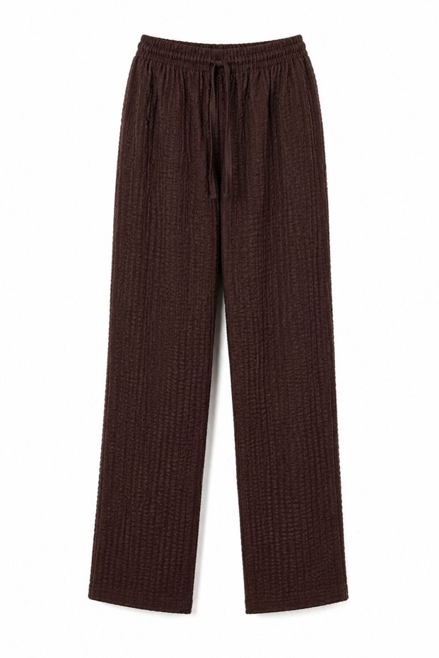 Coffee-Colored Wrinkled Textured Elastic Waist Comfortable Cut Polyester Fabric Straight-Leg Trousers
