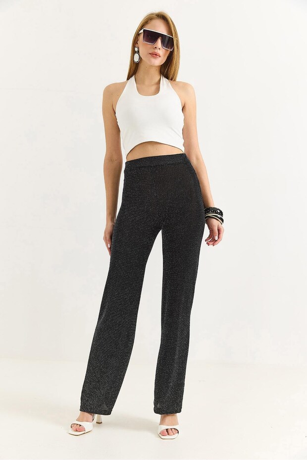 Black Glittery Textured High-Waisted Comfortable Cut Pants with Draped Fit, Suitable for Daily Use