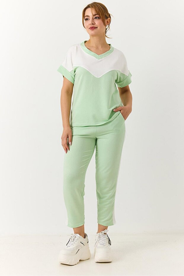 Green Garnished Comfortable Fit Knitted Trousers with Flexible Textured Side Stripe Detail and Elastic Waist