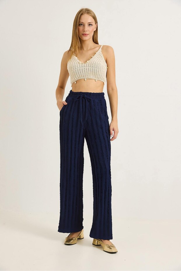 Navy Blue Cotton Stretch Fabric High Waist Wide Leg Pleated Tie-Waist Trousers