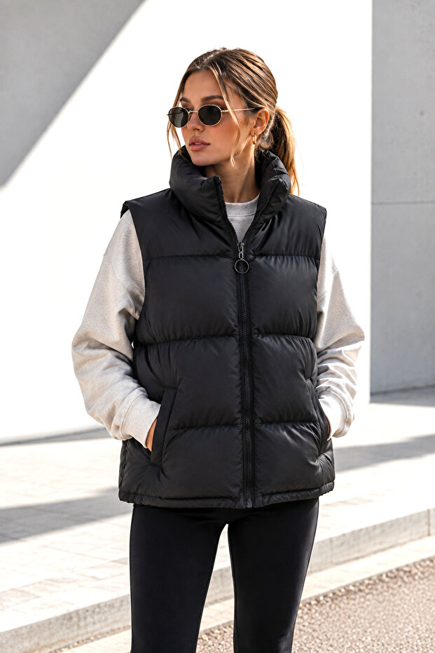 Black Polyester Fabric Stand Collar Standard Cut Inflatable Vest with Zippered Side Pockets