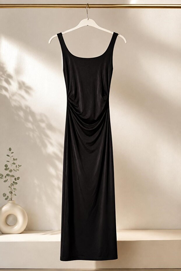 Black Stretchy Fabric Square Neckline Dress with Gathered Side Slits and Body-Fitting Design