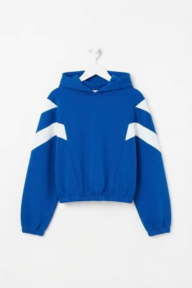Blue Cotton Blend Hooded Long Sleeve Sweatshirt with Elastic Waist and Stripe Detail