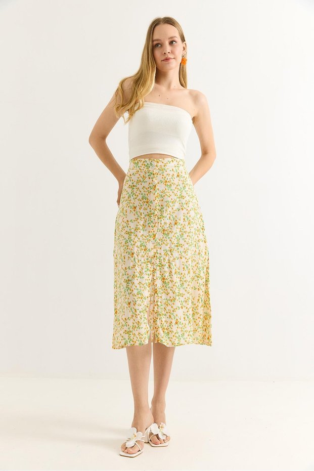 Green Viscose Textured High Waist Relaxed Fit Buttoned Floral Patterned Comfortable Skirt