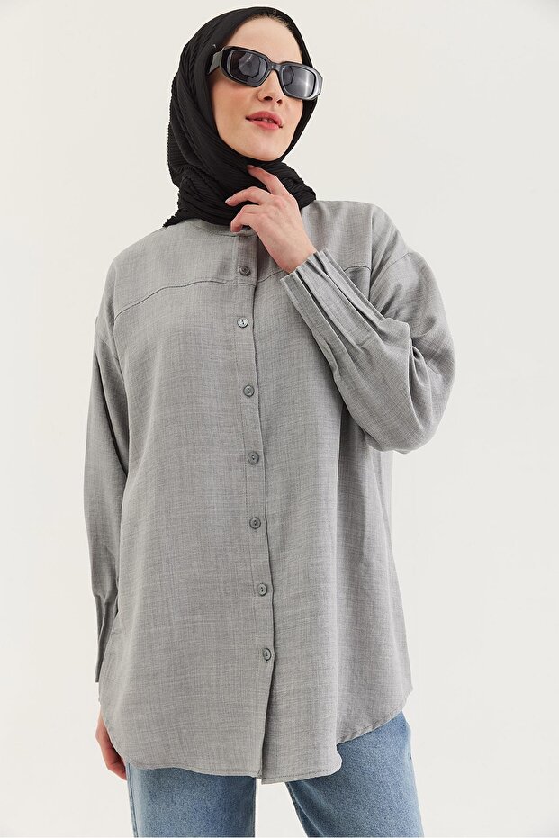 Gray Linen Fabric Notched Collar Long Sleeve Buttoned Ribbed Detailed Shirt Tunic