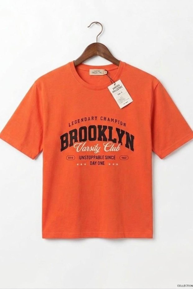 Orange Knitted Fabric Crew Neck Short Sleeve Standard Cut Basic T-Shirt with Text Printed on the Front