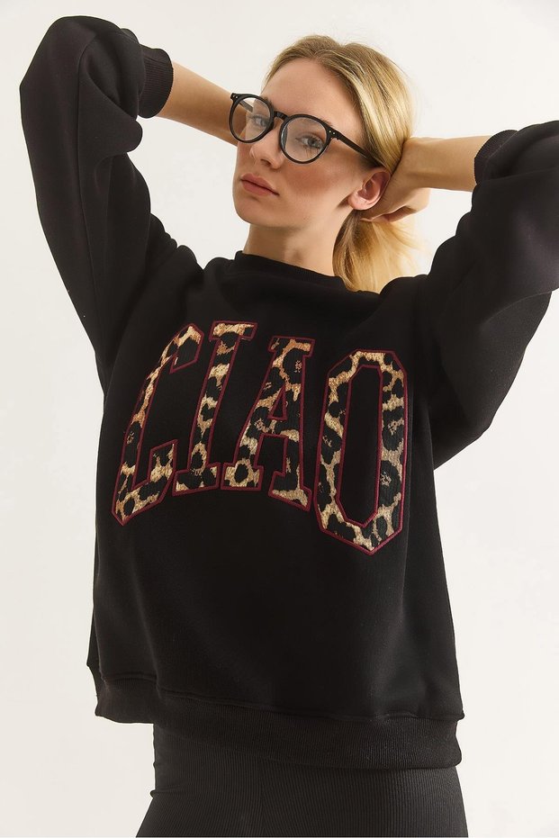 Black Three-Thread Fabric Crew Neck Drop Shoulder Leopard Print Detailed Long Sleeve Sweatshirt