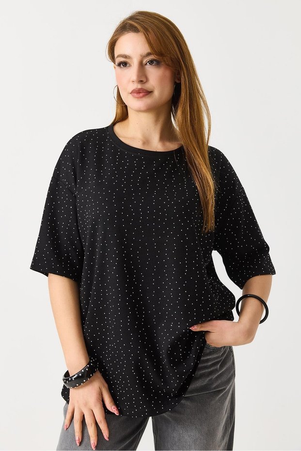 Black Crew Neck Drop Shoulder Oversize Wide Cut Shiny Stone Detailed Knitted T-Shirt