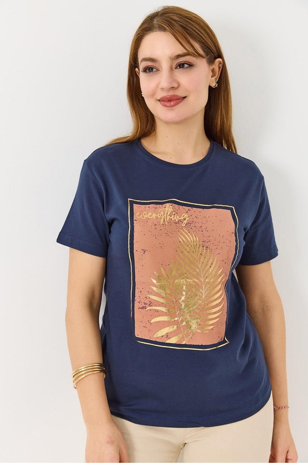 Navy Blue Stretch Fabric Crew Neck Short Sleeve Palm Tree Shiny Printed Casual T-Shirt