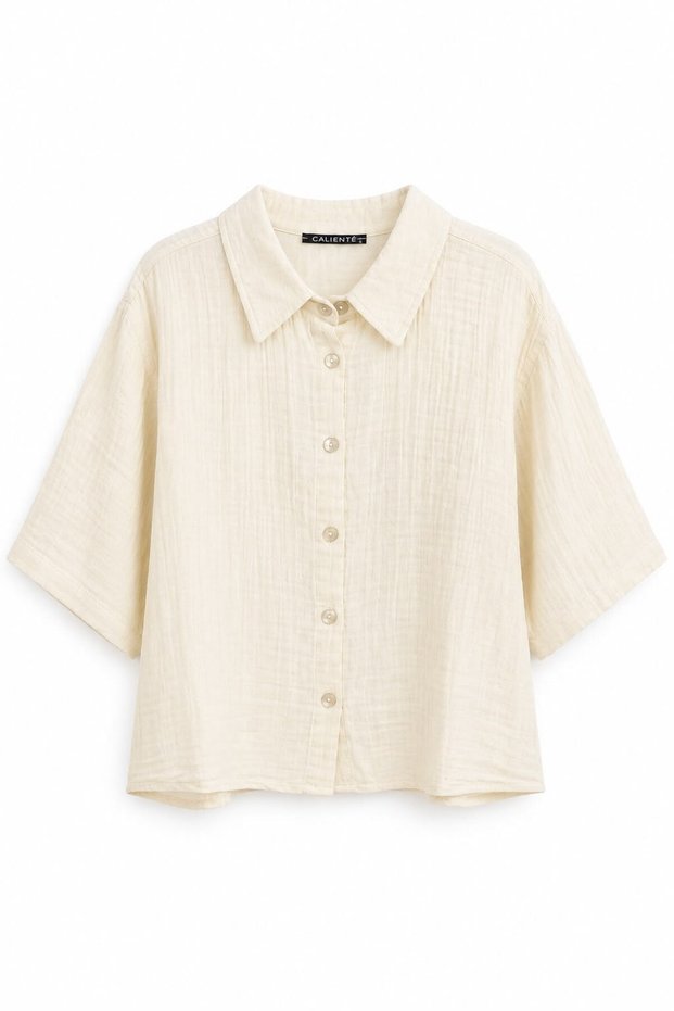 Cream Cotton Fabric Short Sleeve Shirt with Collar, Cropped Fit, Front Button Detail Shirt