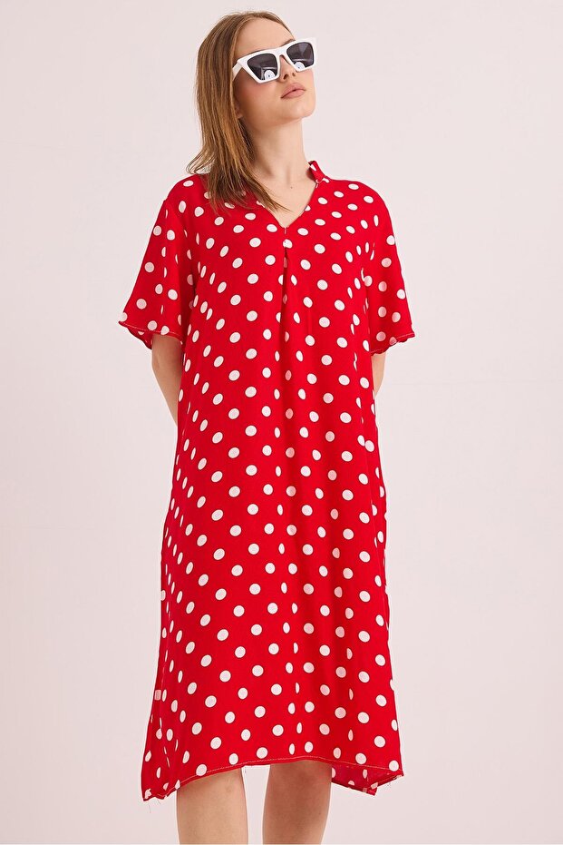 Red Woven Viscose Fabric V-Neck Comfortable Fit Pleated Detail Polka Dot Patterned Dress
