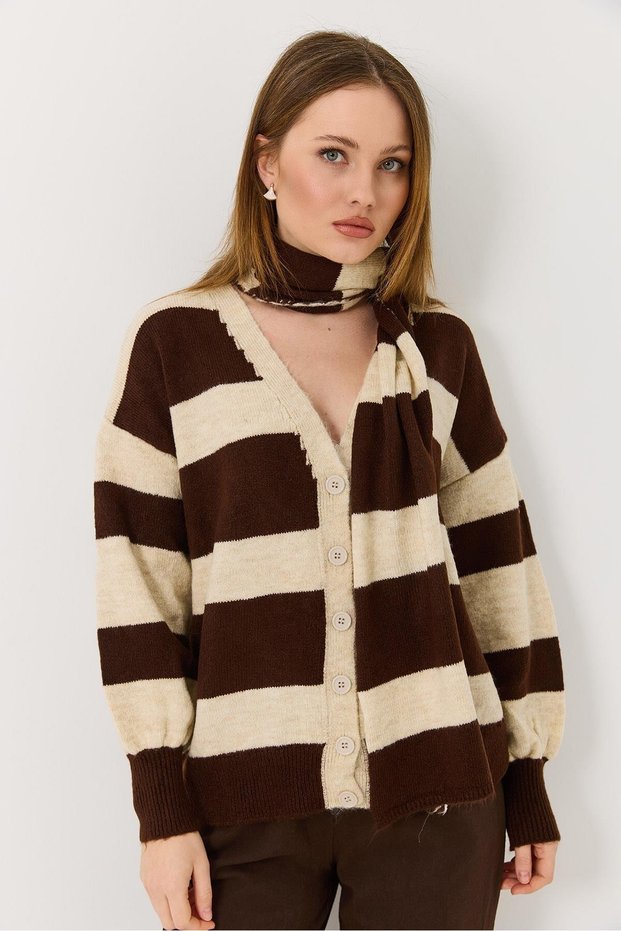 Brown Knitwear Soft Textured V-Neck Relaxed Fit Scarf Detailed Buttoned Striped Cardigan