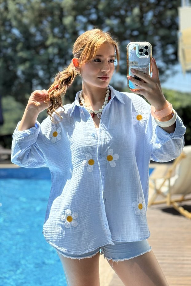 Blue Muslin Fabric Shirt with Collar, Long Sleeves, Buttoned Daisy Embroidery, Relaxed Fit Shirt