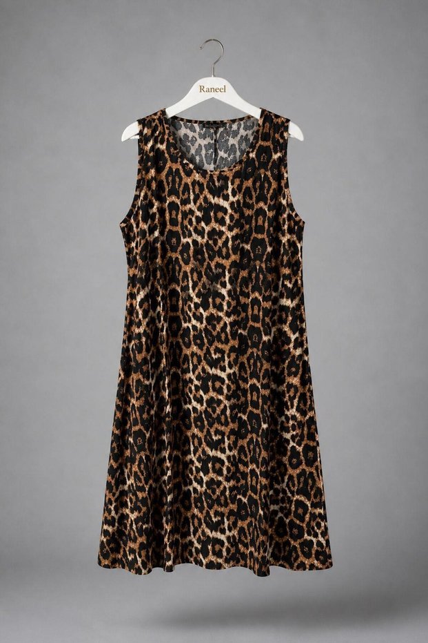 Brown Leopard Patterned Crew Neck Loose Comfortable Cut Dress Suitable for Daily Use