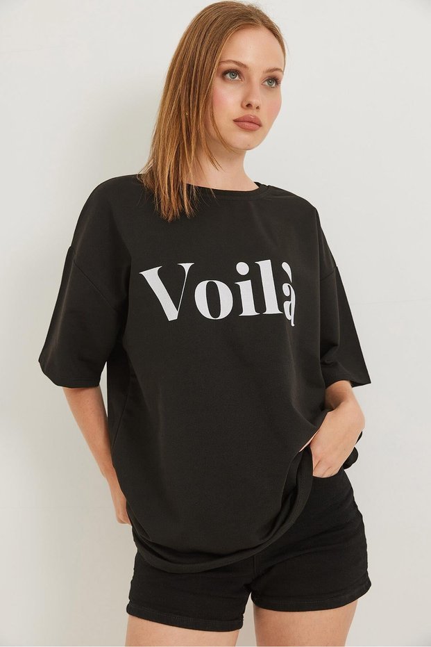 Black Cotton Crew Neck Drop Shoulder Oversize Two Thread Printed T-Shirt