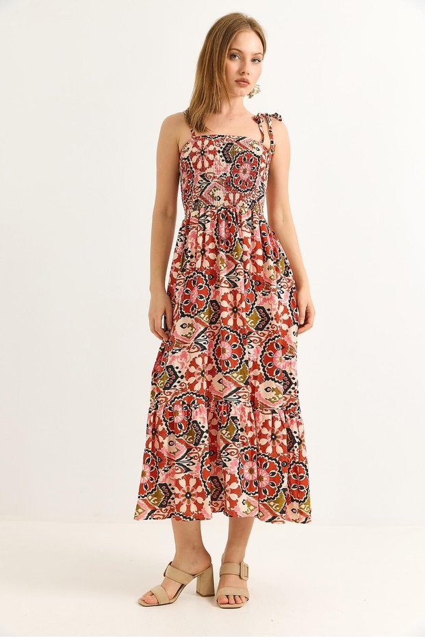Dusty Rose Flexible Polyamide Fabric Drawstring Strap Chest Gathering Patterned Form-Fitting Long Dress