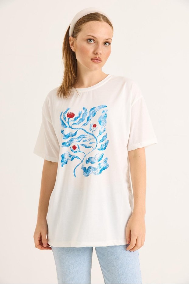 White Soft Textured Cotton Crew Neck Short Sleeve Fit Ethnic Printed Knitted T-Shirt