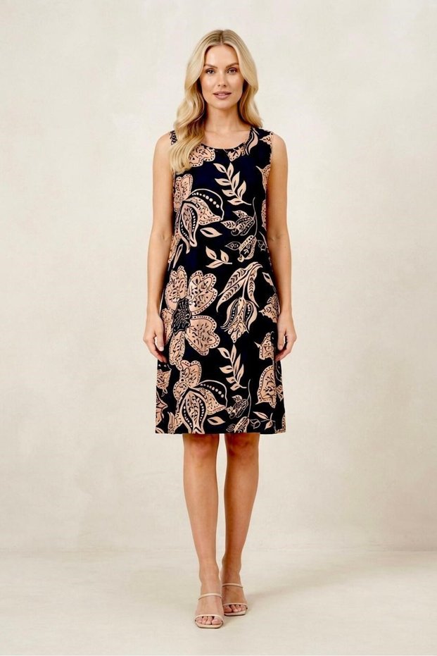 Black Viscose Textured Crew Neck Zero Sleeve Dress with Pockets and Leaf Pattern, Comfortable Fit