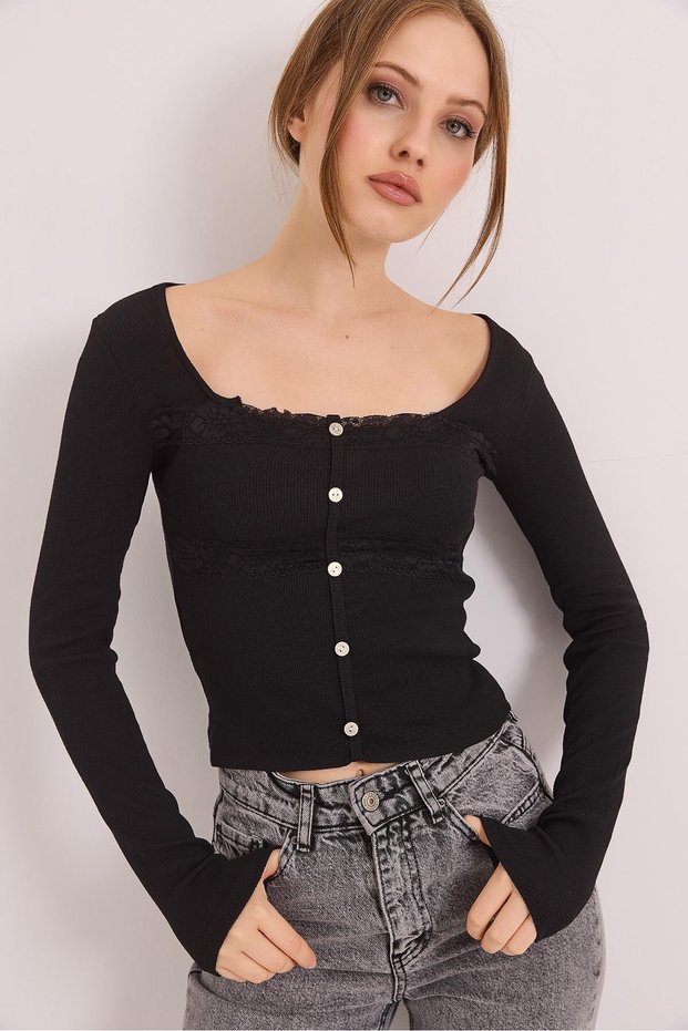 Black Cotton Square Collar Long Sleeve Knitted Blouse with Lace and Button Detail