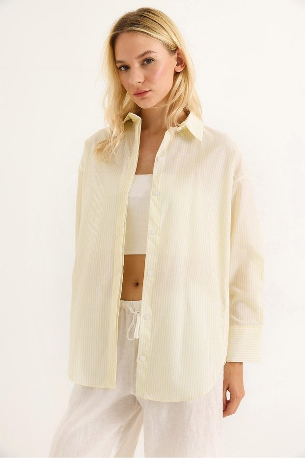 Yellow Stripe Patterned Woven Fabric Shirt Collar Relaxed Fit Button Detail Long Sleeve Shirt