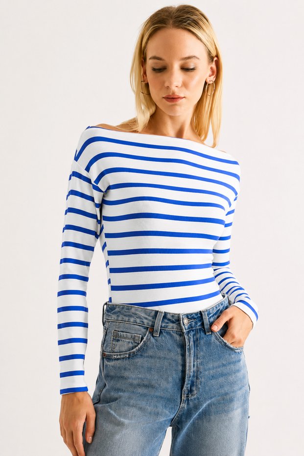 Saks Blue Cotton and Elastane Blend Wide Collar Long Sleeve Striped Patterned Blouse