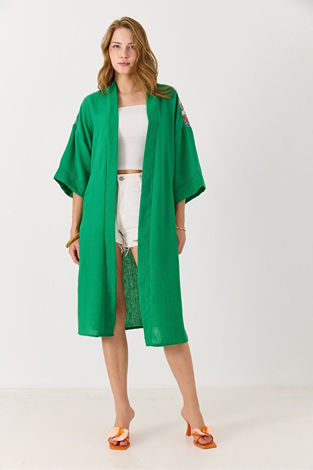 Green Viscose Blended Fabric Kimono with Pattern on the Back, Tassel Detail, Pockets and Side Slits