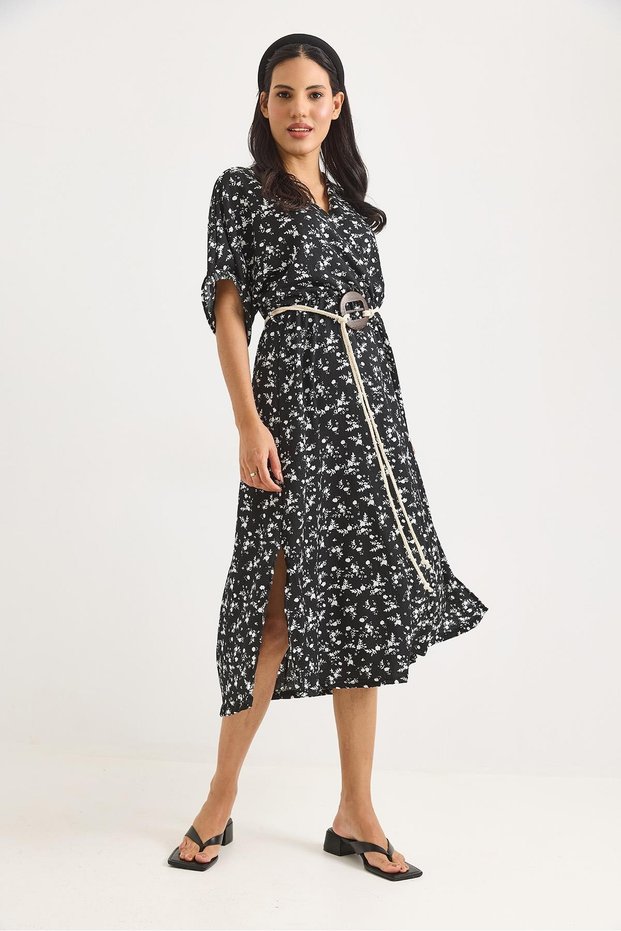 Black Woven Polyester Dress with Elastic Waistband Detail, Slit and Flared Shape