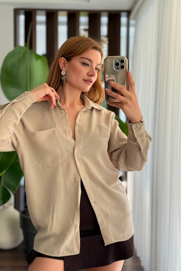 Mink Woven Fabric Shirt Collar Long Sleeve Relaxed Fit Front Buttoned Single Pocket Basic Shirt