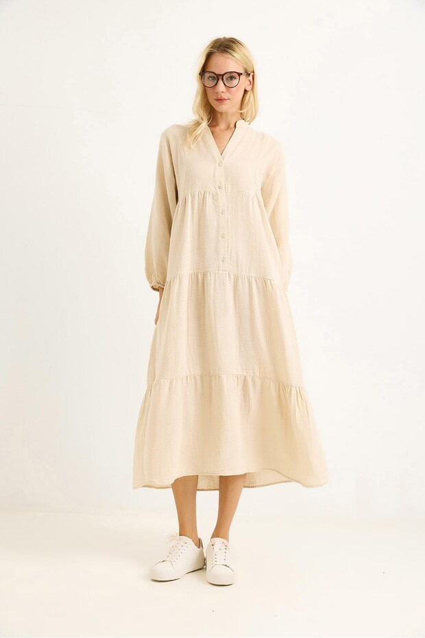 Beige Muslin Textured V-Neck Long Sleeve Relaxed Fit Dress with Half Buttons on the Front and Layered Detail